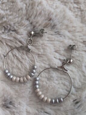 Silver Hoop Earrings with Cream and Silver Beads